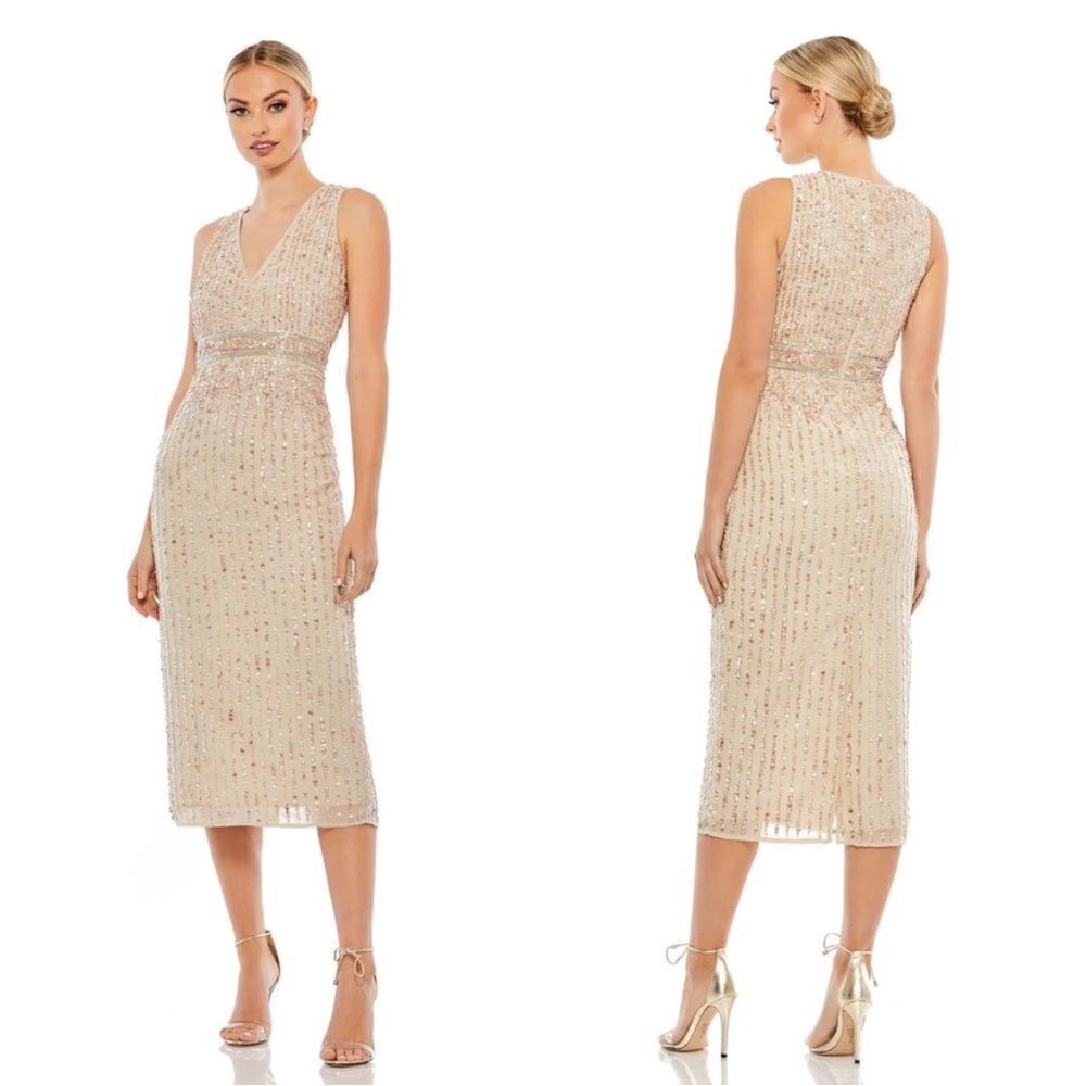 Mac Duggal Nude Sequined Sleeveless V-neck Midi Sheath Dress size 2 70267 NWT